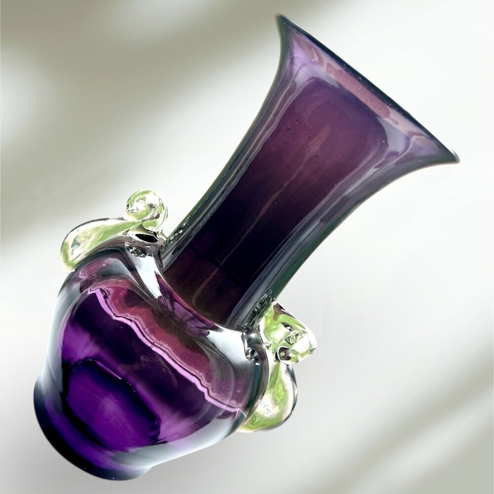 Handblown Purple Polish Art Glass Vase With Applied Handles